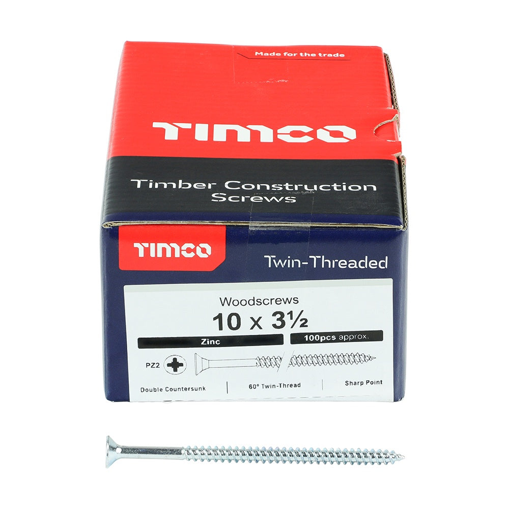 Timco 10 x 31/2" Twin Threaded Woodscrews Countsunk Head Zinc (100/Box) 10312CWZ