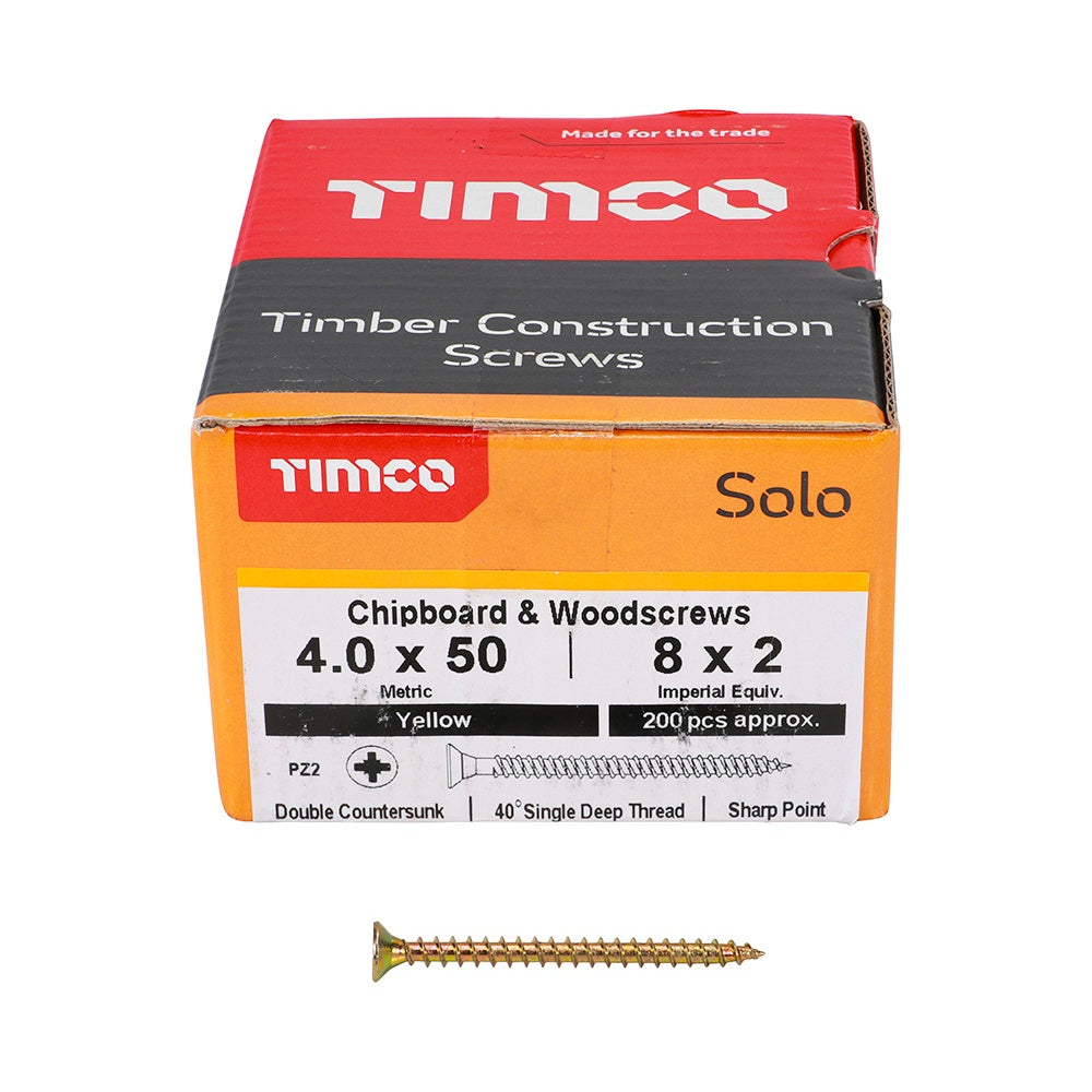 Timco 4.0 x 50mm Solo Chipboard & Woodscrews - PZ - Double Countersunk - Yellow 40050SOLOC