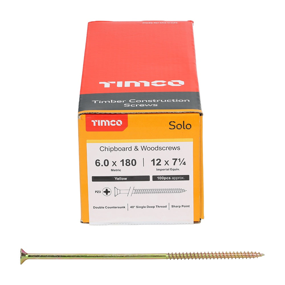Timco 6.0 x 180mm Solo Chipboard & Woodscrews - PZ - Double Countersunk - Yellow 60180SOLOC