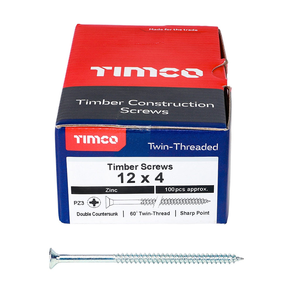 Timco 12 x 4" Twin Threaded Woodscrews Countsunk Head Zinc (100/Box) 00124CWZ