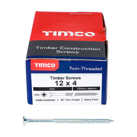 Timco 12 x 4" Twin Threaded Woodscrews Countsunk Head Zinc (100/Box) 00124CWZ
