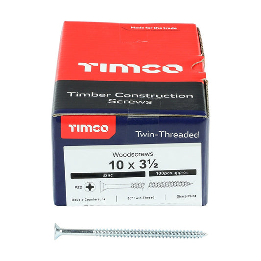 Timco 10 x 31/2" Twin Threaded Woodscrews Countsunk Head Zinc (100/Box) 10312CWZ