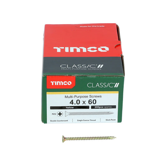 Timco 4.0 x 60mm Classic Multi-Purpose Screws Countsunk Head Yellow (200/Box) 40060CLAF