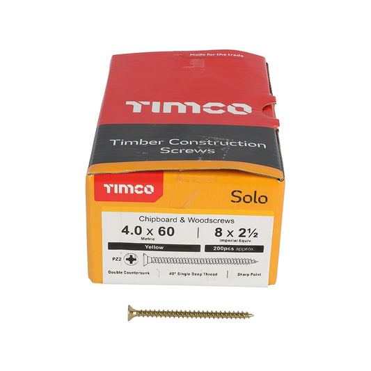 Timco 4.0 x 60mm Solo Chipboard & Woodscrews - PZ - Double Countersunk - Yellow 40060SOLOC