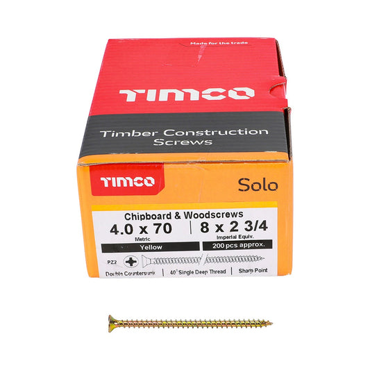 Timco 4.0 x 70mm Solo Chipboard & Woodscrews - PZ - Double Countersunk - Yellow 40070SOLOC