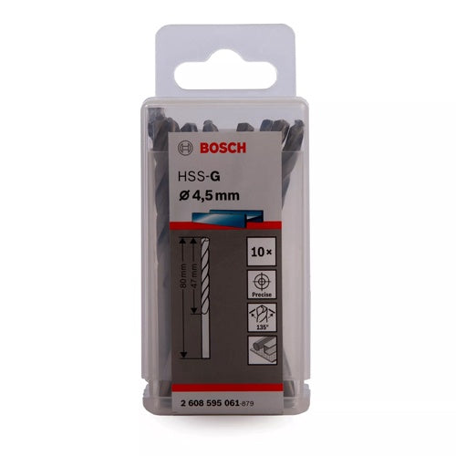 Bosch 4.5mm HSS-G Drill Bits for Metal 47mm Working Length (10pk) 2608595061