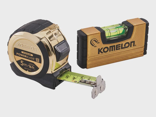 Komelon XMS24POWER 5m/16ft Gold PowerBlade Tape Measure with Free Mini Level Accurate & Durable
