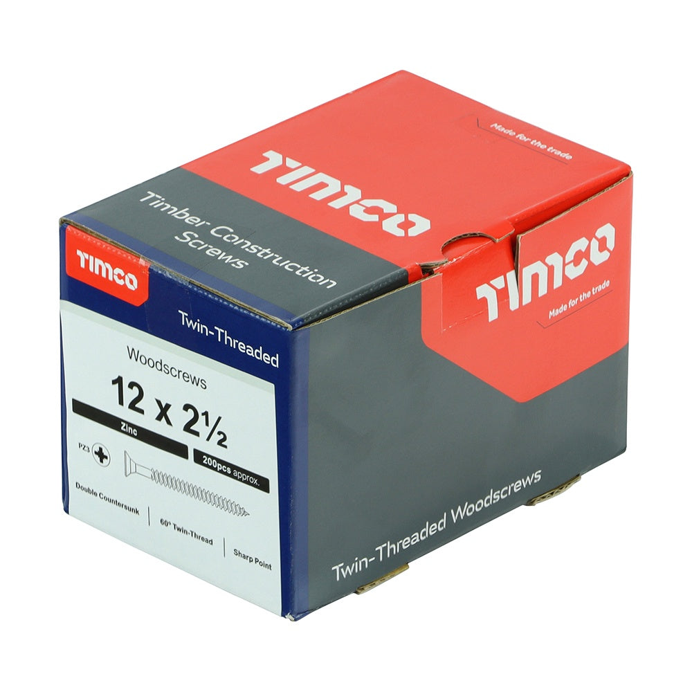 Timco 12 x 2 1/2" Twin Threaded Woodscrews Countsunk Head Zinc (200/Box) 12212CWZ