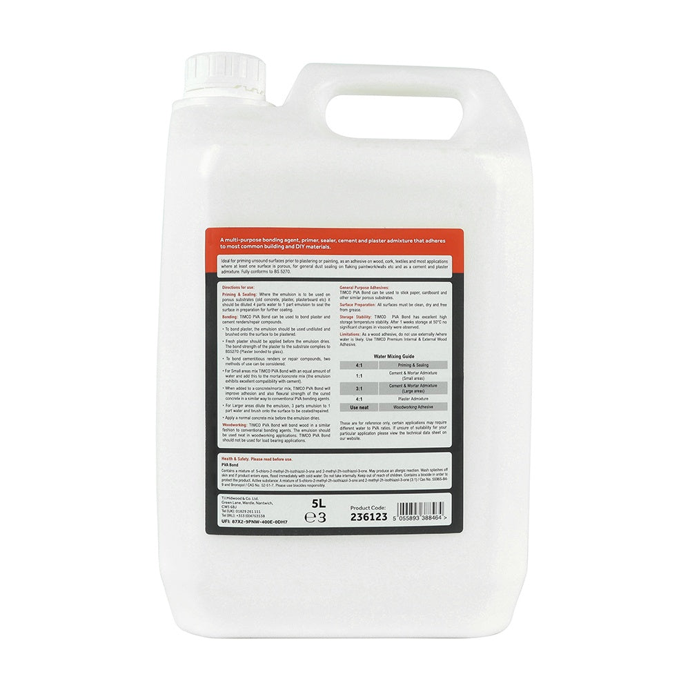 Timco PVA Bond 5L Dries general Purpose Wood adhesive Clear 236123