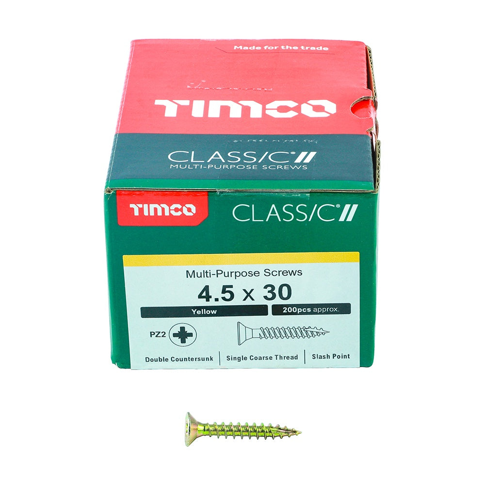 Timco 4.5 x 30mm Classic Multi-Purpose Screws Countsunk Head Yellow (200/Box) 45030CLAF