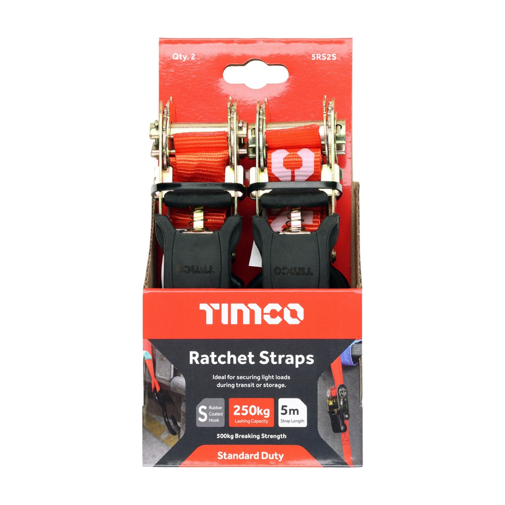 Timco 5m x 25mm Veto Standard J Hook Ratchet Straps 5RS2S