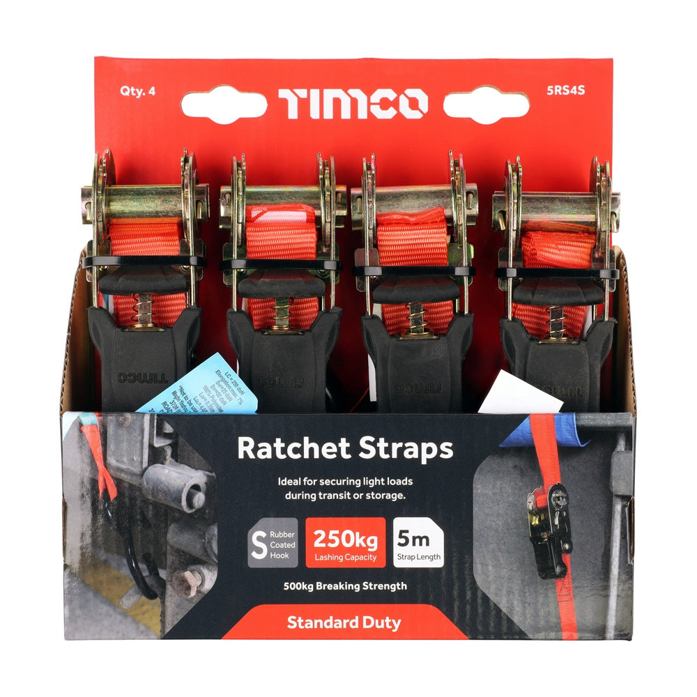 Timco 5m x 25mm Veto Standard S Hook Ratchet Straps 5RS4S