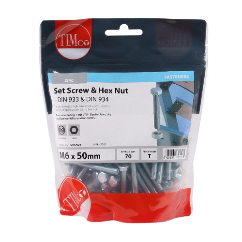 Timco 6 x 50 mm Hex Set & Hex Nut BZP M6 (70/TimBag) 650SNZB