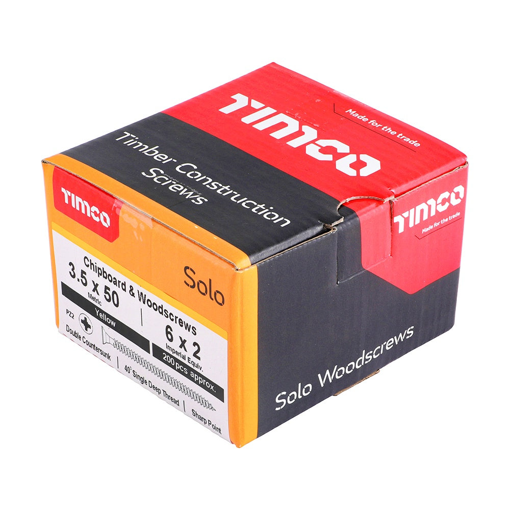 Timco Solo Chipboard & Woodscrews - PZ - Double Countersunk - Yellow 3.5 x 50 35050SOLOC