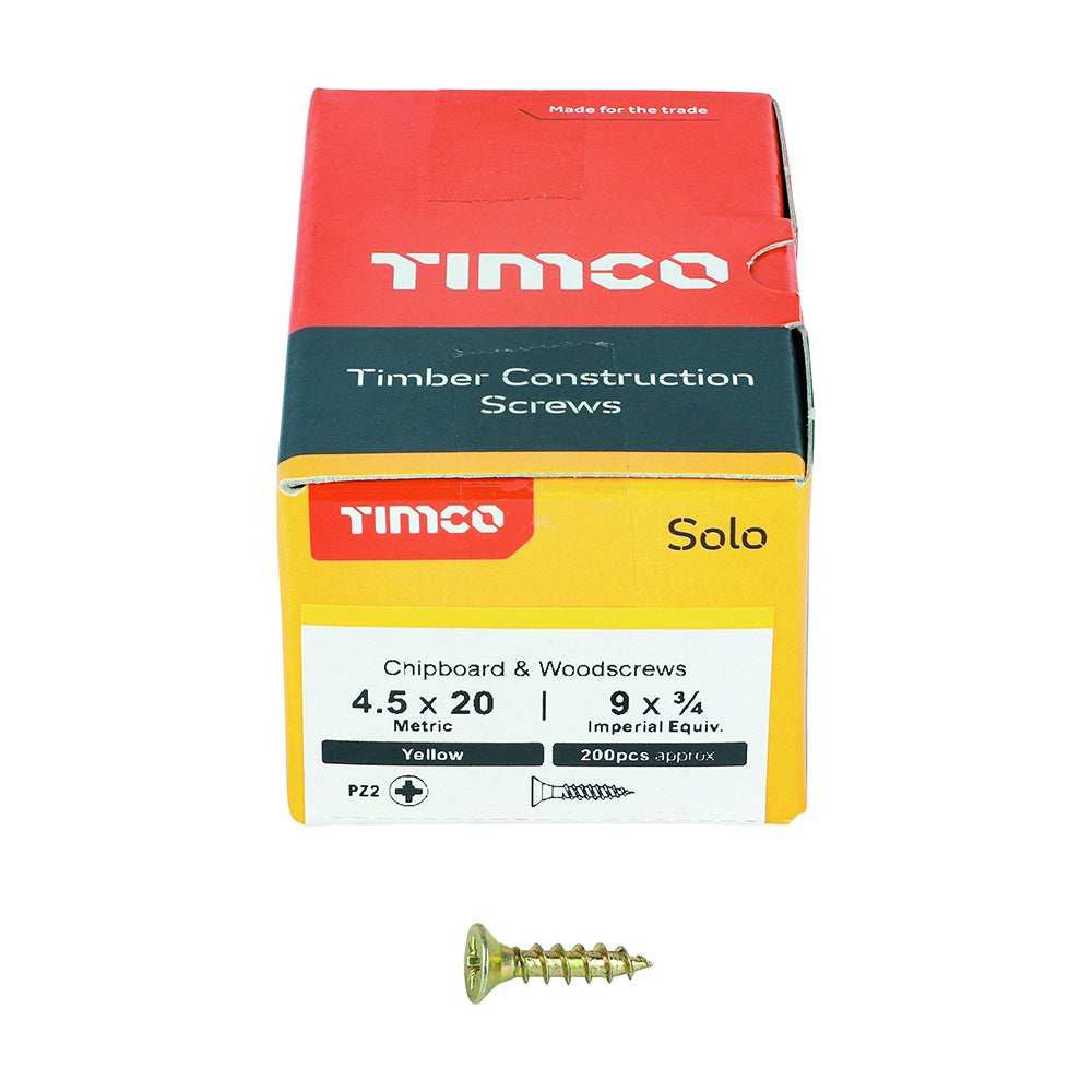 Timco 4.5 x 20mm Solo Chipboard & Woodscrews - PZ - Double Countersunk - Yellow 45020SOLOC