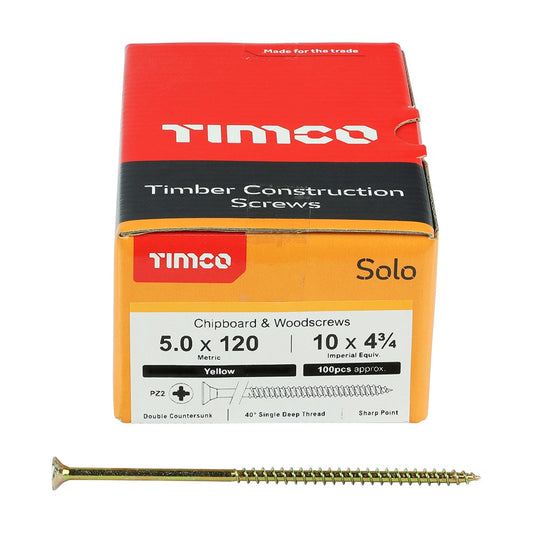 Timco 5.0 x 120mm Solo Chipboard & Woodscrews - PZ - Double Countersunk - Yellow 50120SOLOC