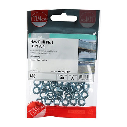 Timco Hexagonal Full Nut (DIN 934) Zinc plated M6 (40/TimBag) 6HNUTZP