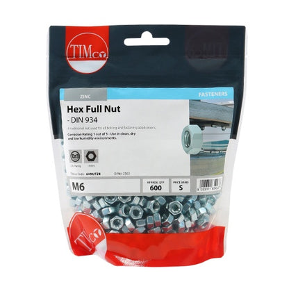 Timco Hexagonal Full Nut (DIN 934) Zinc M6 BZP (600/TimBag) 6HNUTZB