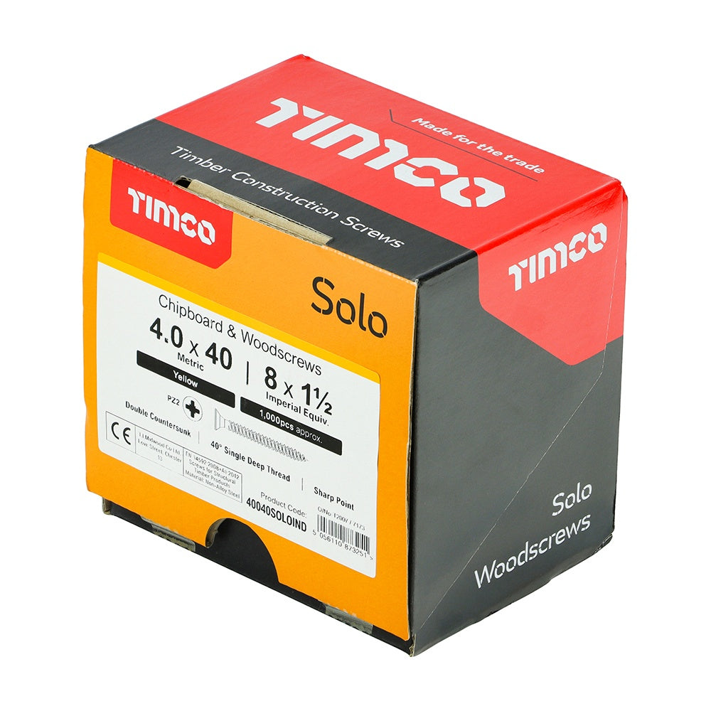 Timco 4.0 x 40mm Solo Chipboard & Woodscrews Industry Pack PZ Double Countersunk Yellow 40040SOLOIND