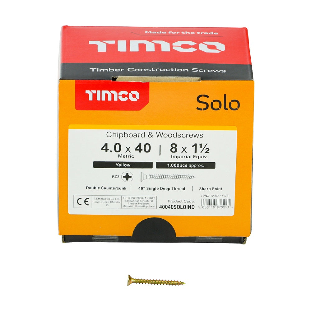 Timco 4.0 x 40mm Solo Chipboard & Woodscrews Industry Pack PZ Double Countersunk Yellow 40040SOLOIND