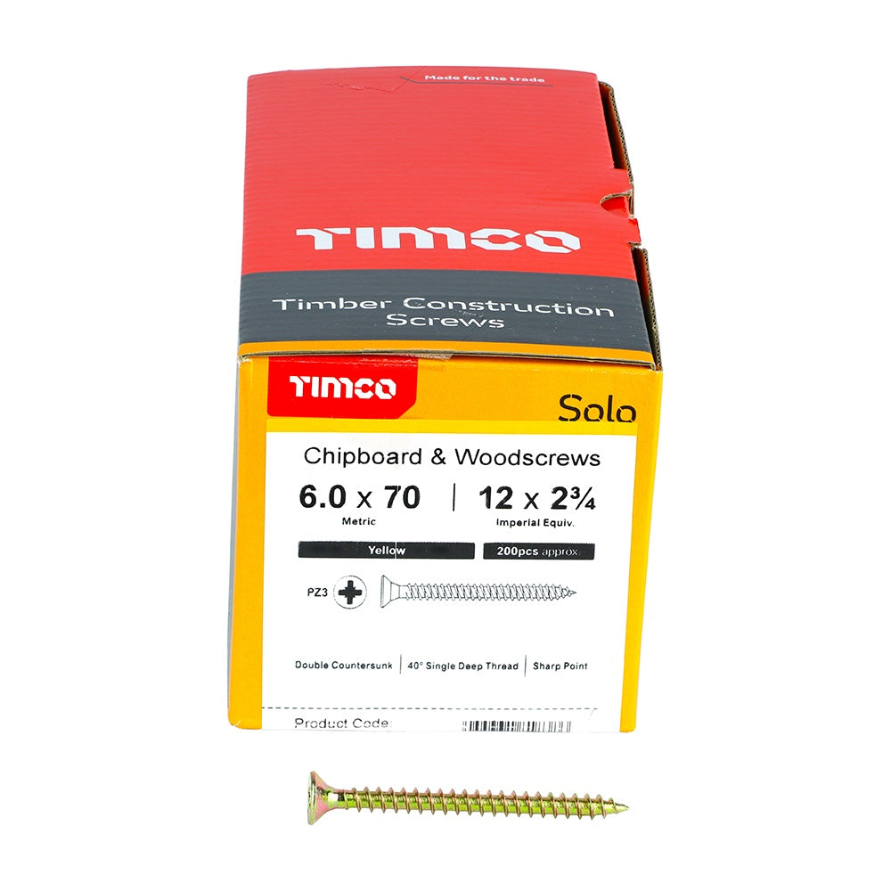 Timco 6.0 x 70mm Solo Chipboard & Woodscrews - PZ - Double Countersunk - Yellow 60070SOLOC