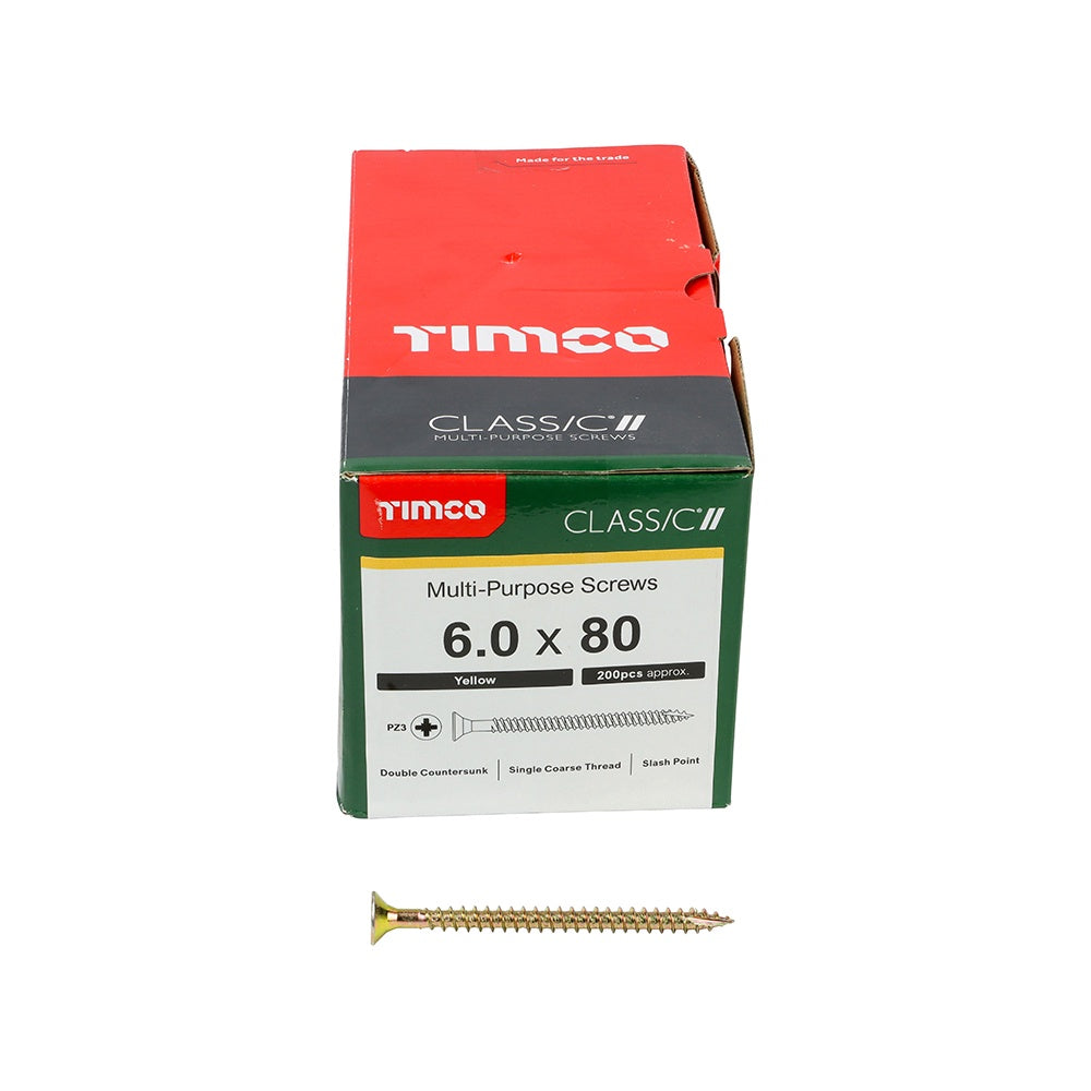 Timco 6.0 x 80mm Classic Multi-Purpose Screws Countsunk Head Yellow (200/Box) 60080CLAF