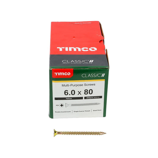Timco 6.0 x 80mm Classic Multi-Purpose Screws Countsunk Head Yellow (200/Box) 60080CLAF