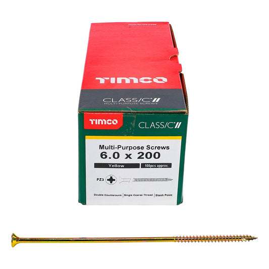 Timco 6.0 x 200mm Classic Multi-Purpose Screws Countsunk Head Yellow (100/Box) 60200CLAF