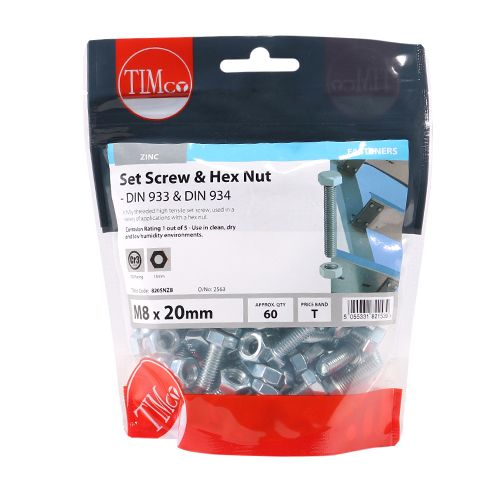 Timco 8 x 20 mm Hex Set & Hex Nut BZP M8 (60/TimBag) 820SNZB