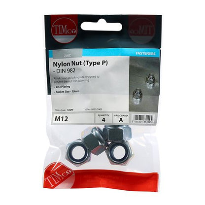Timco M12 P Nylon Nut DIN 982 BZP Zink Plated (4/Tim Pack) 12NPP