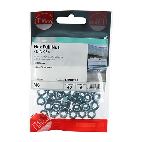 Timco Hexagonal Full Nut (DIN 934) Zinc plated M6 (40/TimBag) 6HNUTZP