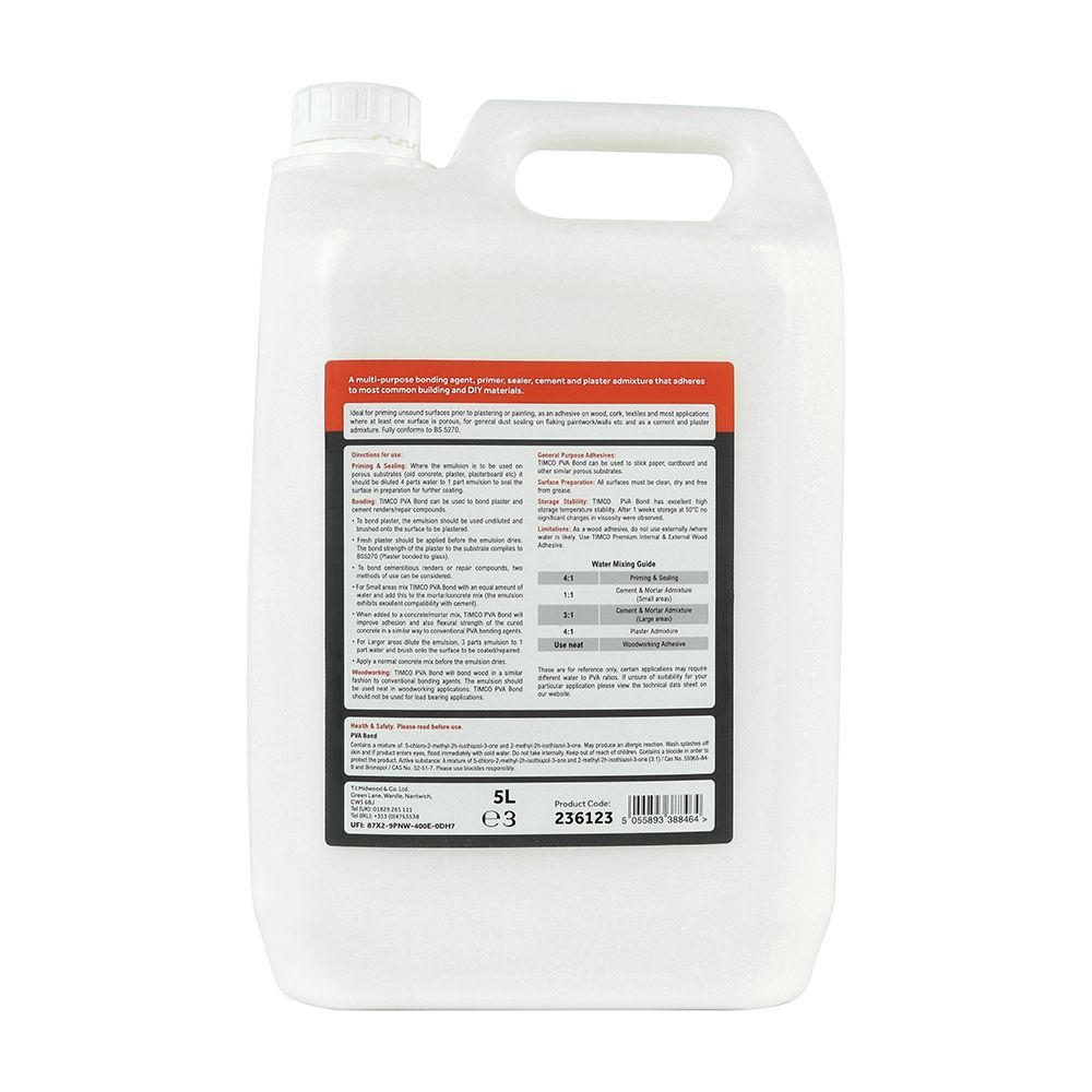 Timco PVA Bond 5L Dries general Purpose Wood adhesive Clear 236123