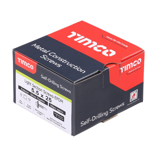 Timco Metal Construction Light Section Screws Hex EPDM Washer Self-Drilling Exterior Silver Organic 5.5 x 25mm L25W16B