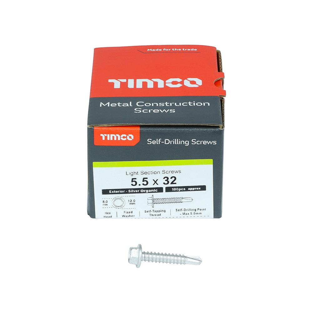 Timco 5.5 x 32mm Metal Construction Light Section Screws Hex Self Drilling Exterior Silver Organic L32B